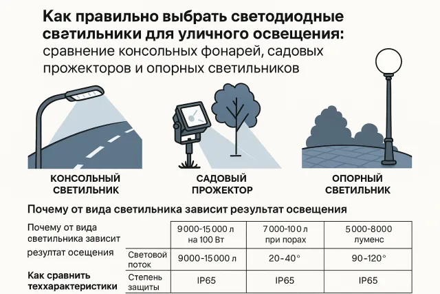 Как правильно выбрать LED-светильники для уличного освещения: сравнение консольных фонарей, садовых прожекторов и уличных светильников на столбах